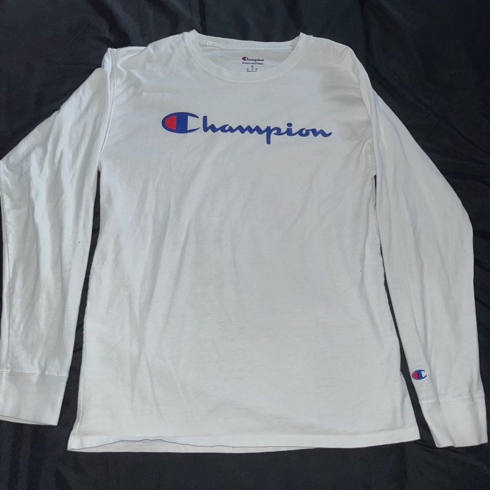 Champion White Long Sleeve Script Logo Shirt with Blue and Red Accents